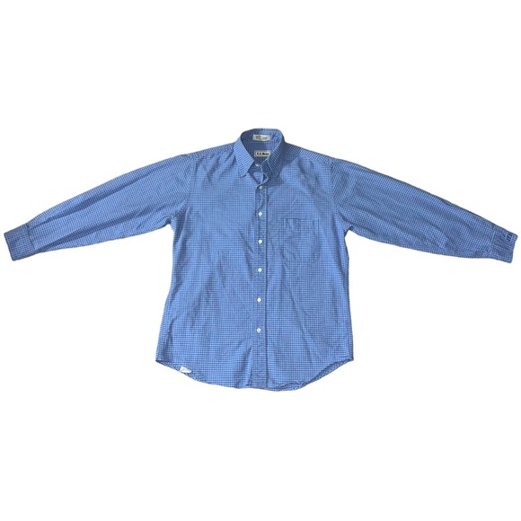 L.L. Bean Men's Dress Shirt 15-32 Blue Checkered Plaid Long Sleeve Button-Up - Picture 3 of 11